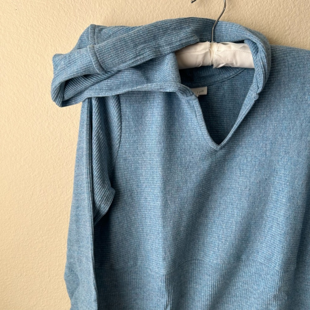 J.Jill Hooded Split-Neck Sweater Tunic Blue Heather Side-Slit Size Petite Medium - Picture 4 of 16